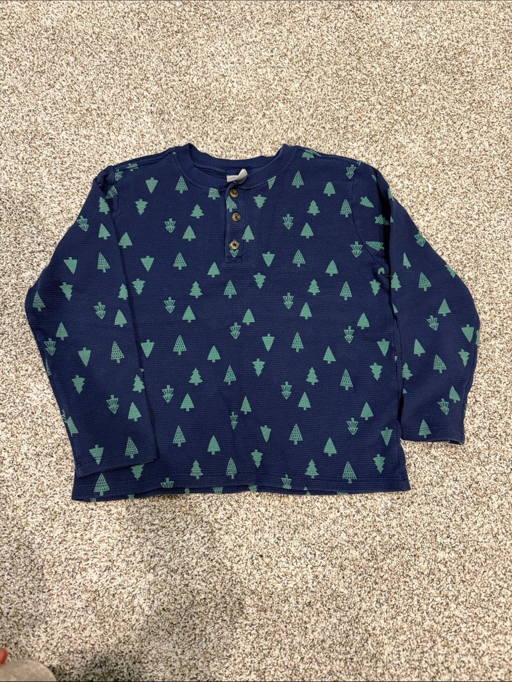 Hanna Andersson Navy Long-Sleeve Henley with Green Tree Print